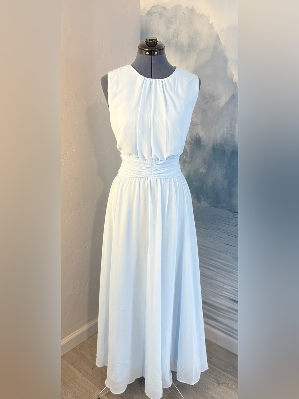 Sleeveless Light Blue Maxi Dress with Ruched Waist # 303